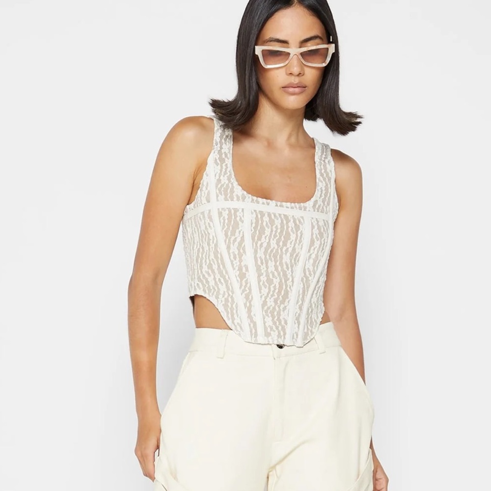 Maniere De‎ Voir Lace Leather Corset Top Beige White 8 Preppy Coquette Sexy Twee